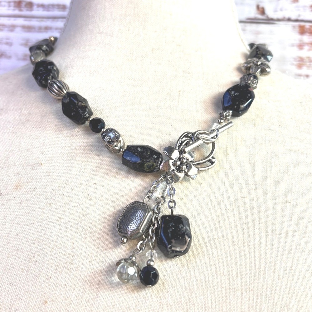 Vintage Beaded Tassel Necklace Black Silver Stone Glass Whimsigoth‎ Chunky Goth